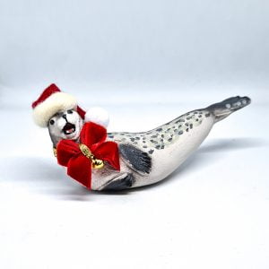 Christmas Grey Seal with Santa Hat and Jungle Bow Bell Necklace